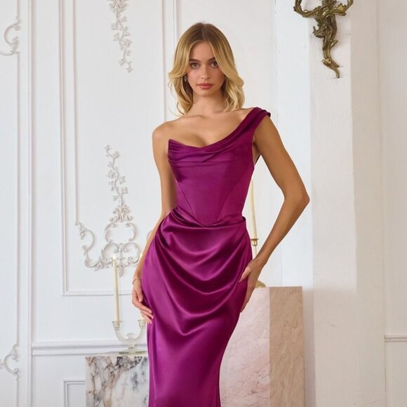 New Berry One Shoulder Sheath Prom Soft Satin Gown w/ Drape Waistline CD T727 - Picture 4 of 10
